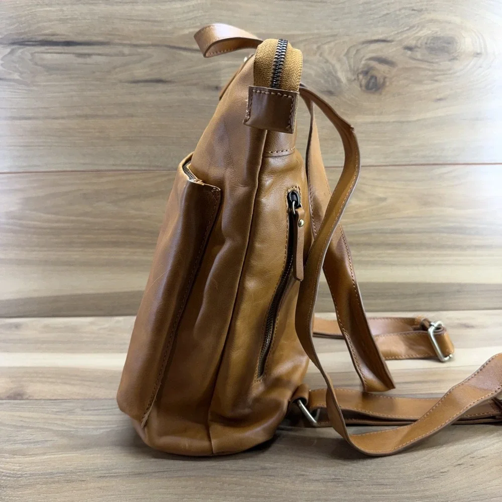 Andar Cognac Medium Zip Backpack Travel Genuine Leather Everyday Minimalist